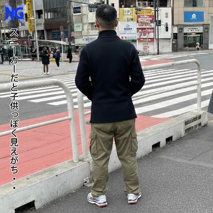 カーキのカーゴパンツに白スニーカーを合わせたNGコーデ例