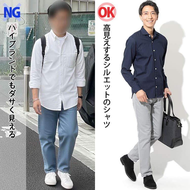身幅と着丈のバランスが悪いシャツを着た30代男性と30代がスマートに見えるシルエットのシャツを着た男性の比較