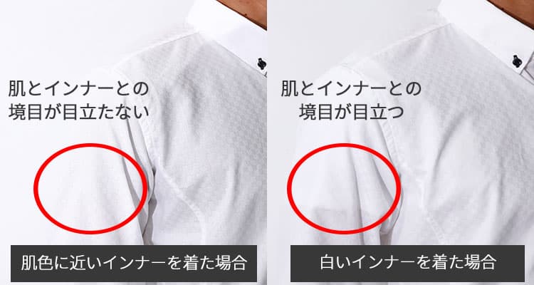 白シャツの下に肌色に近いインナーと白色のインナーを着た比較
