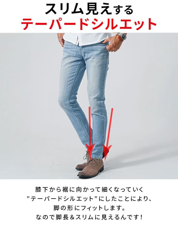 テーパードシルエットのライトブルーデニム説明画像