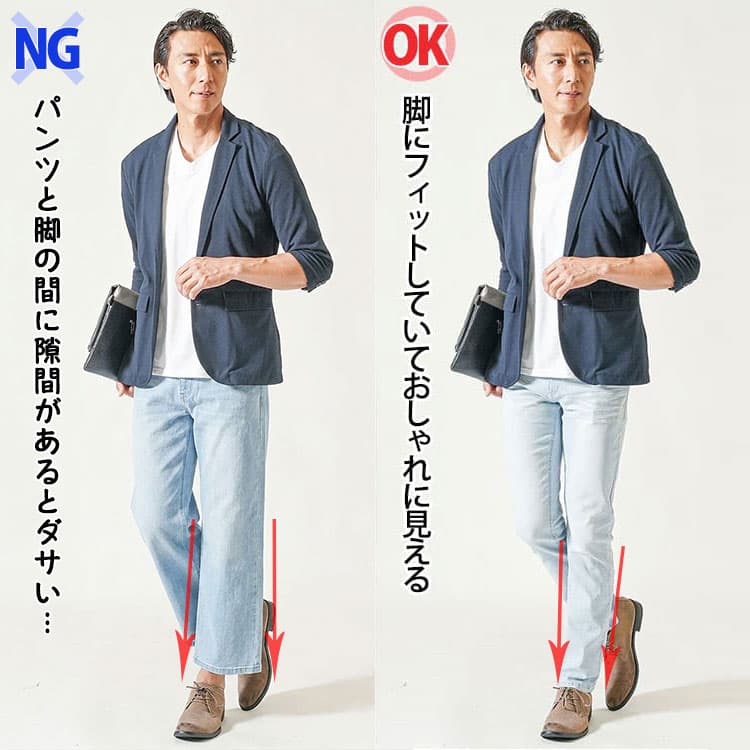 脚とパンツの間に隙間があるダサいライトブルーデニムコーデと脚にフィットしていておしゃれに見えるライトブルーデニムコーデの比較