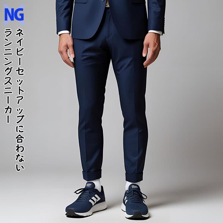 ネイビーセットアップに合わないランニングスニーカー例