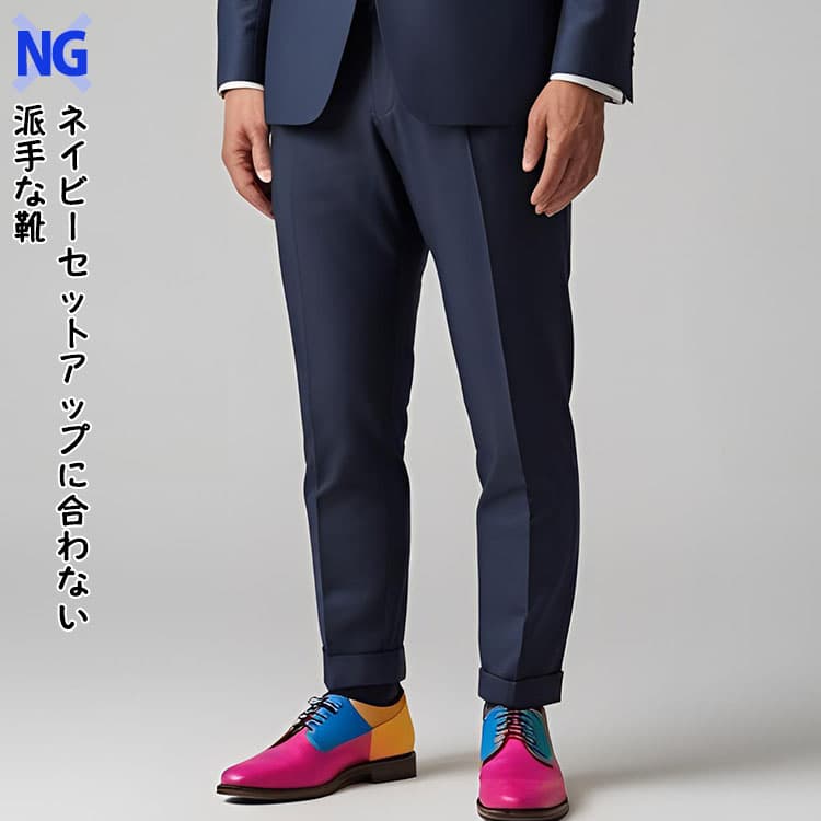 ネイビーセットアップに合わない原色やビビットカラーの靴