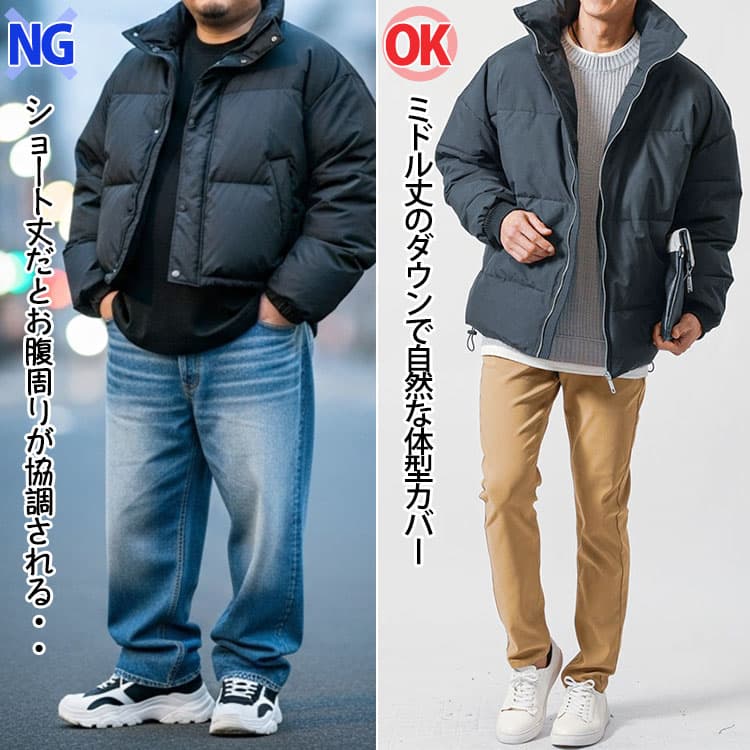 ショート丈のダウンジャケットを羽織ったNGコーデ例