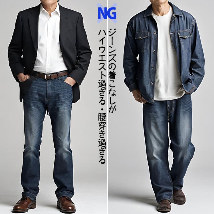 ジーンズの着こなしがハイウエスト過ぎる・腰穿き過ぎる