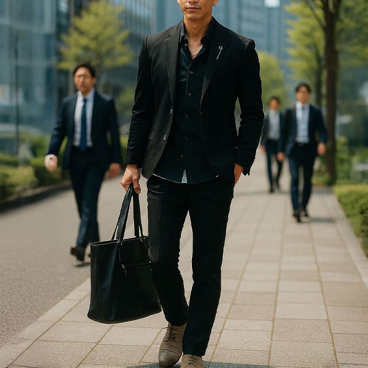黒のスーツと黒シャツを着用した男性がビジネス街を歩いている様子。シャツの襟元にはゴールドのネックレス、耳元にはアクセサリーをつけ、スタイリングの主張が強く、周囲の通行人よりも目立っている黒スーツ黒シャツコーディネート。