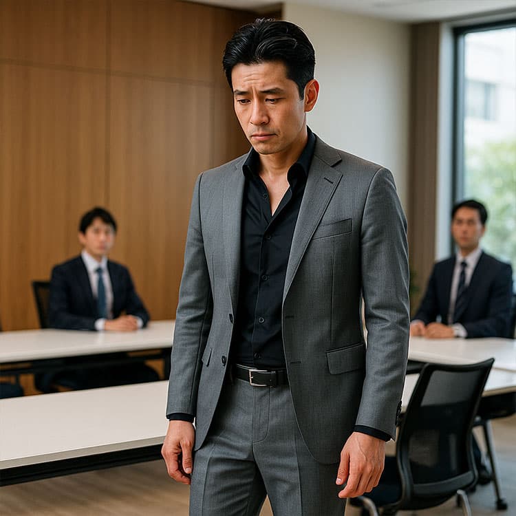 グレースーツに黒シャツを合わせた男性が会議室で立ち尽くしている様子。背景には白シャツやネイビースーツの同僚が座っており、黒シャツ姿の男性だけが場に馴染めておらず浮いて見える。
