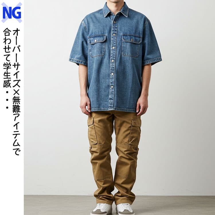 オーバーサイズの半袖デニムシャツに無難アイテムで合わせて学生感のNG画像