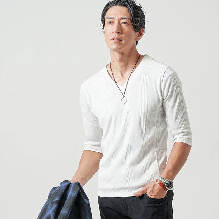 ランダムテレコVネック無地Tシャツ　７分袖・半袖