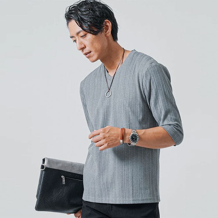 ランダムテレコ素材7分袖VネックTシャツ