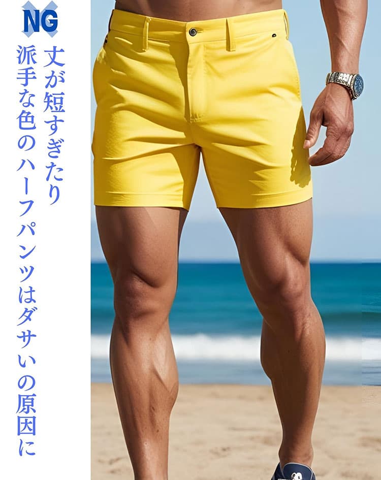 丈が短すぎる黄色のダサいハーフパンツ例