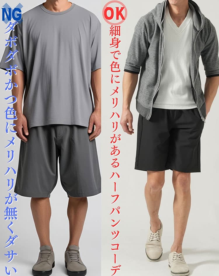 ダボダボでダサいハーフパンツコーデと細身で上品なハーフパンツコーデの比較