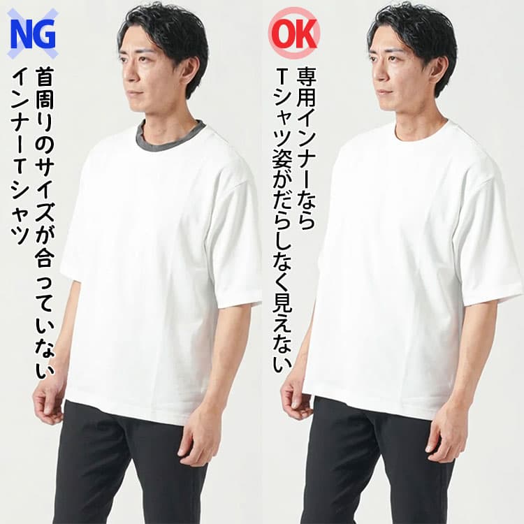 首周りのサイズが合っていないインナーTシャツを着た男性と、見えない対策専用インナーを着た男性比較