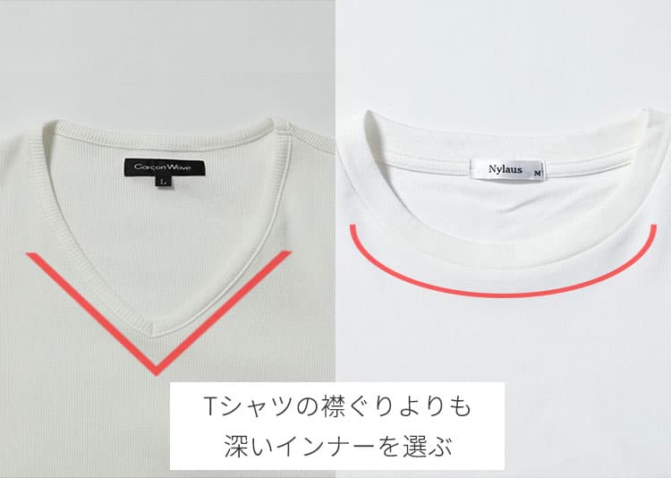 Tシャツの首元からインナーが見える問題の解決策にはTシャツよりも襟ぐりが深いインナーがおすすめ