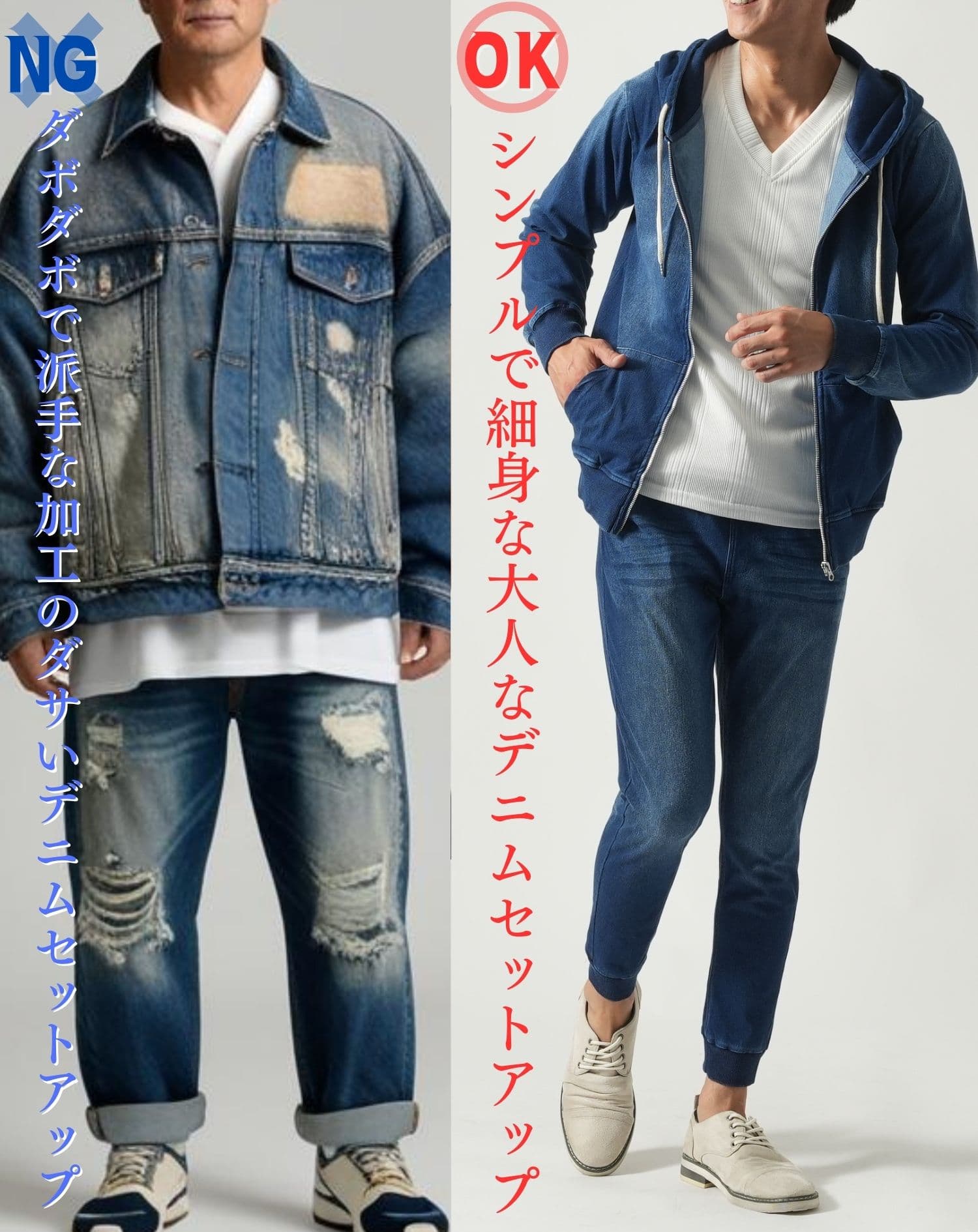 派手でダボダボなダサいデニムセットアップとシンプルで細身なかっこいいデニムセットアップの比較