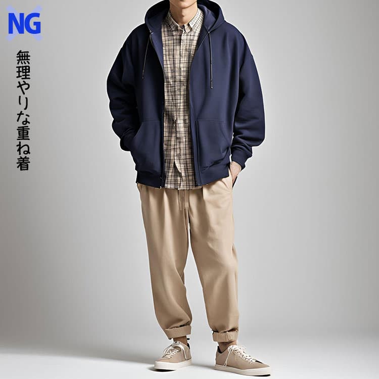 メンズのダサいと思われるシャツとスウェットの重ね着のコーデ