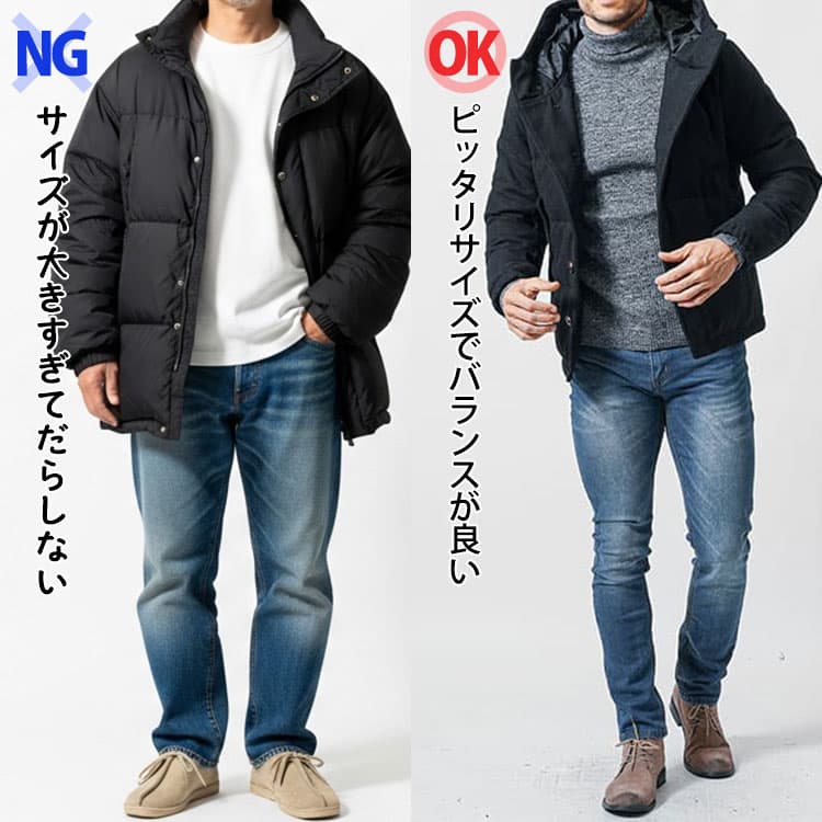 アウターのサイズが大きすぎてだらしないコーデとピッタリサイズでバランスが良いコーデの比較画像