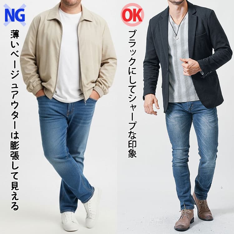 薄いベージュアウターで膨張して見えるコーデとブラックにしてシャープな印象のコーデの比較画像