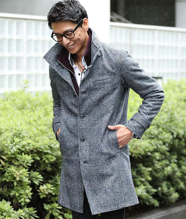 メンズにおすすめのグレンチェック柄立ち襟スタンドカラーコート