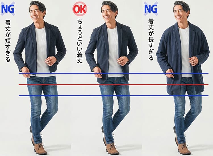 着丈が長いジャケットと着丈が短めのジャケットの比較