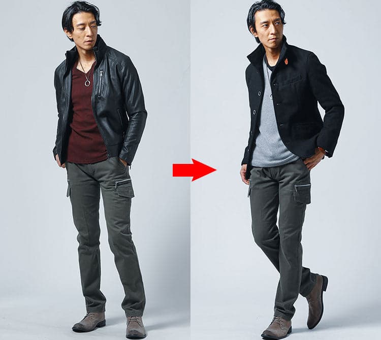 オリーブグリーンコーデ メンズ 黒アウター