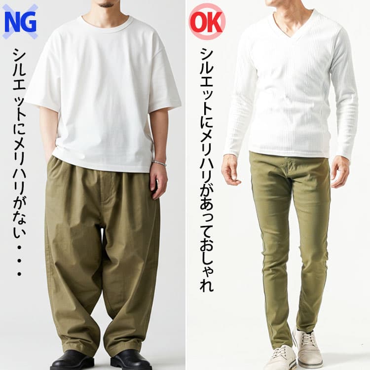 全体のシルエットにメリハリがないコーデとメリハリのあるコーデの比較