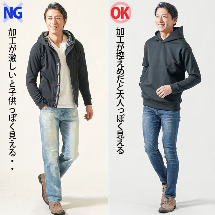 黒のパーカーに加工の激しいネイビーデニムと加工が控えめなネイビーデニムを合わせたコーデの比較