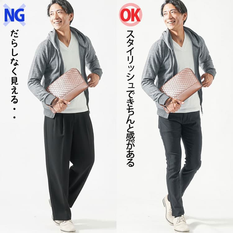 グレーのパーカーに黒のワイドパンツを合わせたコーデと細身の黒パンツを合わせたコーデの比較