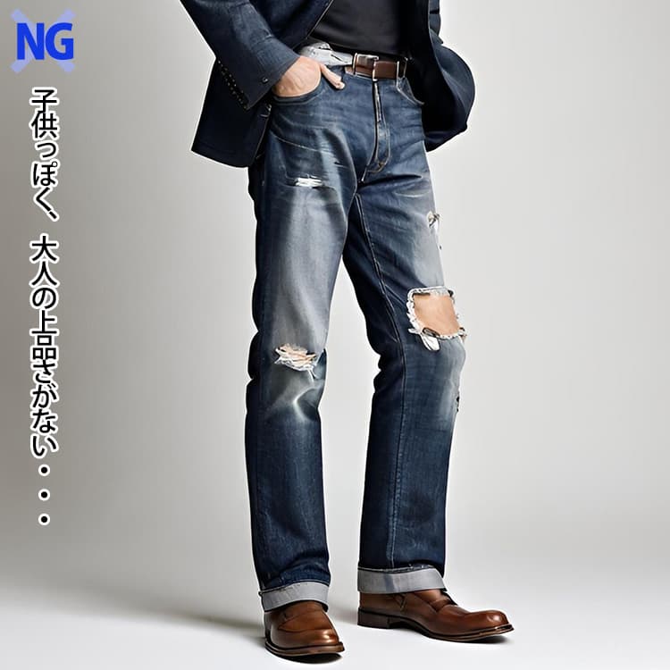ダメージ加工が入ったダサいスリムジーンズ例