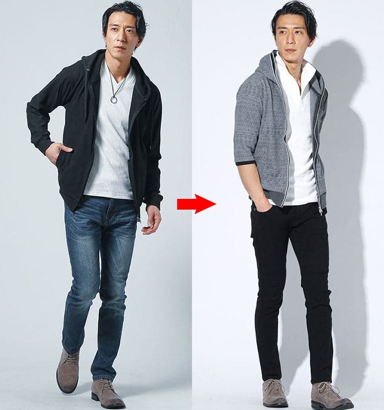 50代メンズにおすすめのドレッシーなシャツとパーカーのコーデ例