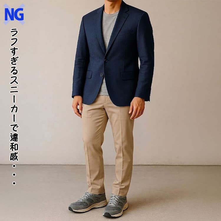 ジャケパンにラフすぎる素材のスニーカーを合わせたNG例