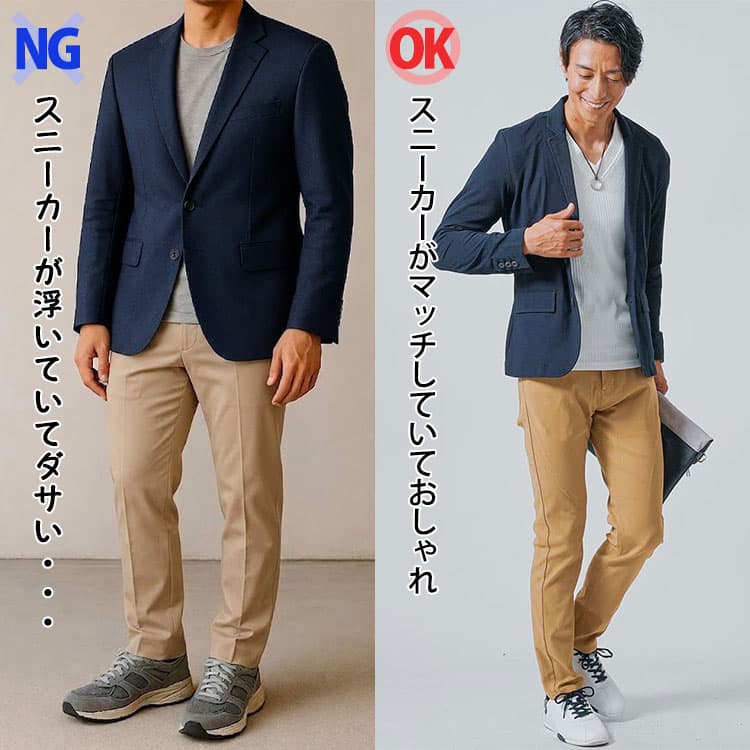 ジャケパンにキャンバス地のスニーカーとレザー素材のスニーカーを合わせた比較