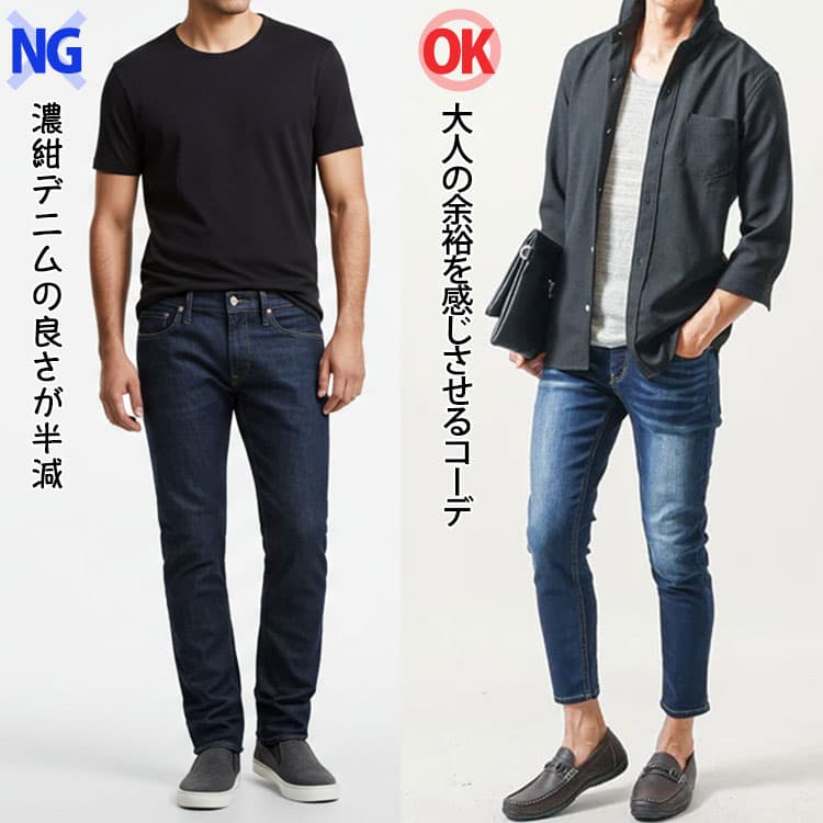 濃紺デニムに黒Tシャツを合わせた暗く重いコーデと、明るめのカットソーやシャツを合わせた軽やかなコーデの比較画像