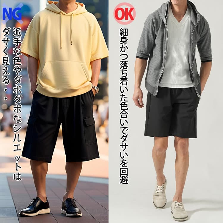 ダサいパーカー×短パンコーデと細身で落ち着きのあるパーカー×短パンコーデの比較