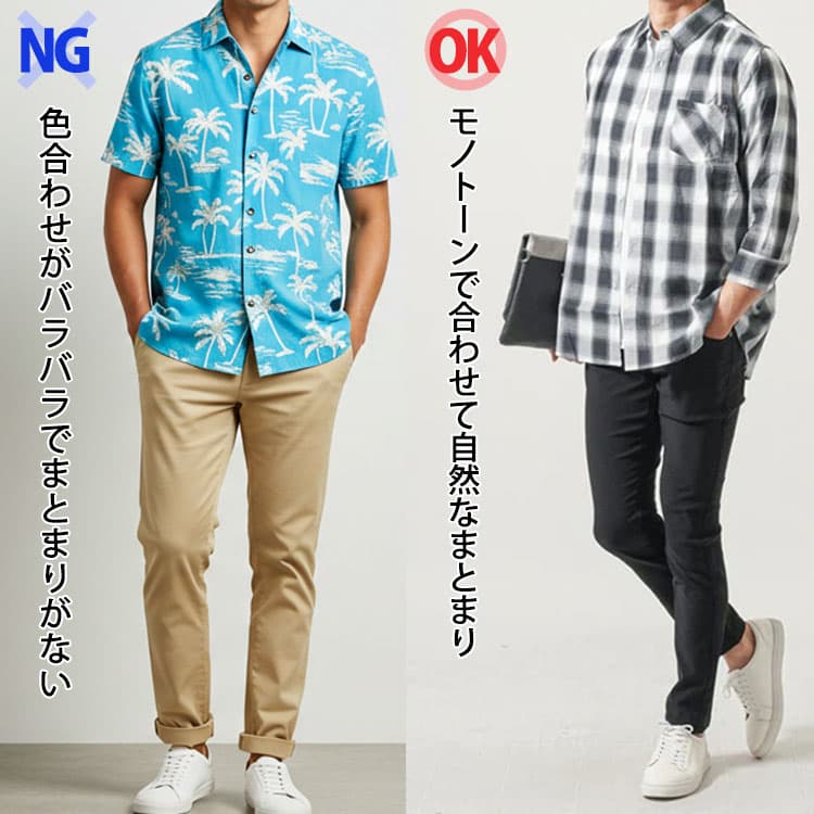 色合わせがバラバラでまとまりがない柄シャツコーデとモノトーンで合わせて自然なまとまりのコーデの比較画像