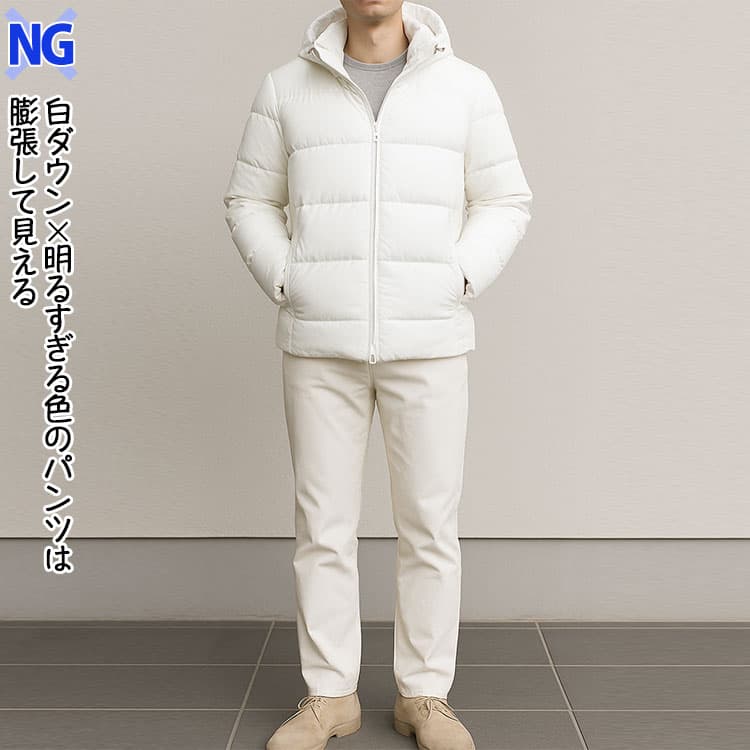 白ダウン×明るすぎる色のパンツは膨張して見える