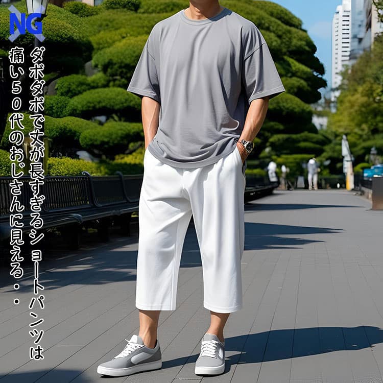 痛い50代に見えるダボダボで丈が長いショートパンツ例