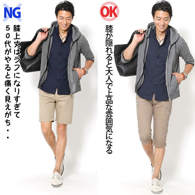 膝上丈ショートパンツと膝下丈ショートパンツの比較例
