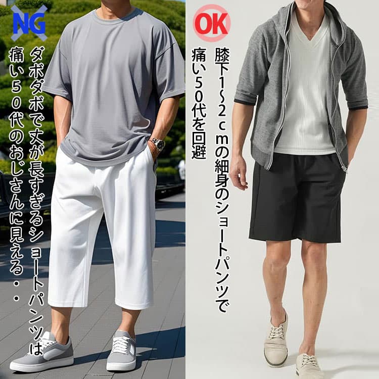 痛い50代に見えるダボダボで丈が長いショートパンツ例