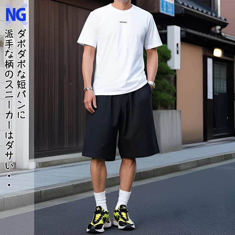 ダボダボな短パンに派手な柄のスニーカーを合わせたダサいコーデ例