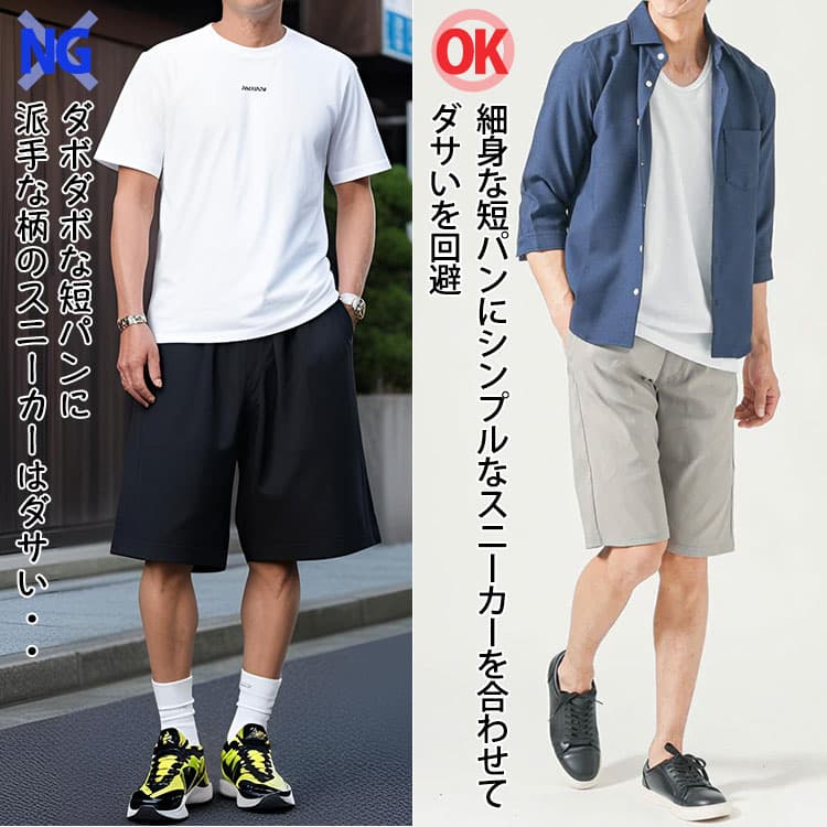 ダサい短パン×スニーカーコーデと細身な短パンにシンプルなスニーカーを合わせたオシャレな短パン×スニーカーコーデ