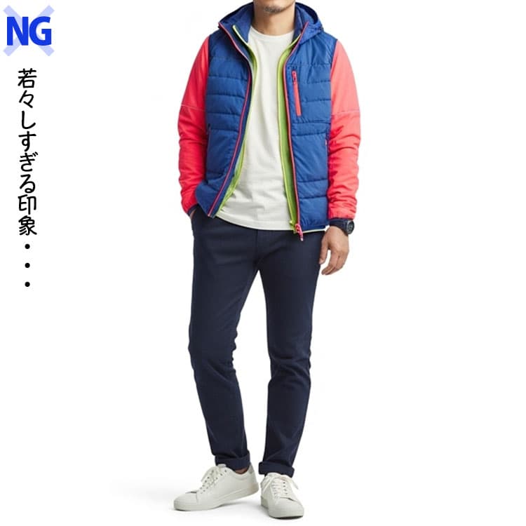 蛍光色や大きな柄の入ったアイテムを着た40代男性