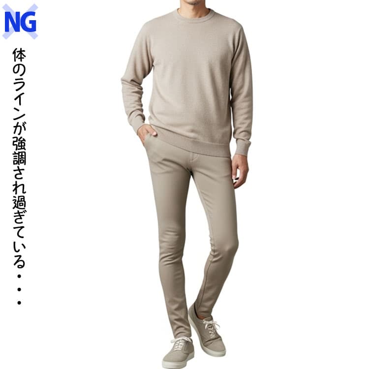 体に密着するニットやボトムスを着た40代男性