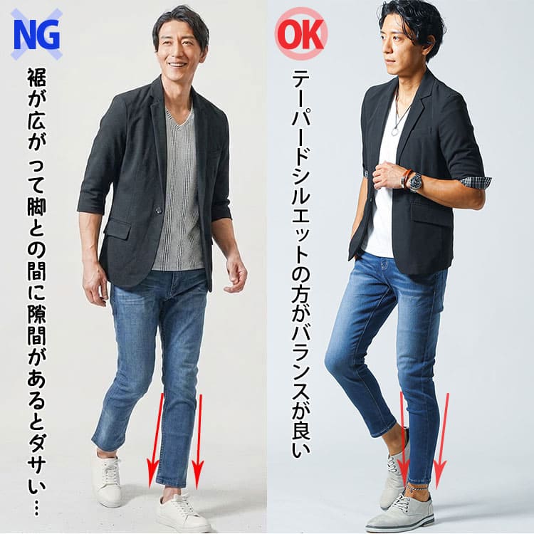 裾がひらひらするジーンズと裾がテーパードになっている細身ジーンズの比較