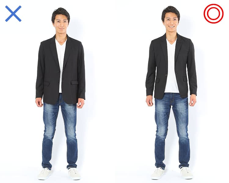 大きすぎるジャケットと身体にフィットしているジャケットの比較
