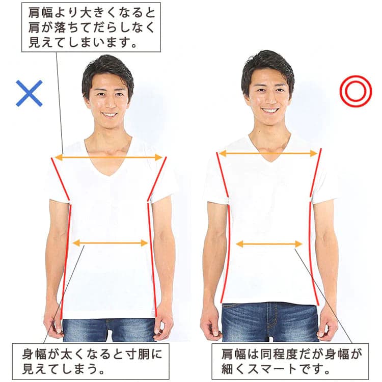 40代メンズのTシャツコーデをきれいめに見せるTシャツの肩幅の比較