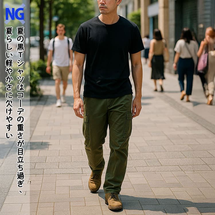 黒Tシャツとカーキのカーゴパンツを着て街中を歩く男性。夏の日差しの中で黒Tが重く見え、涼しげな印象とのバランスが取れていないスタイリング例