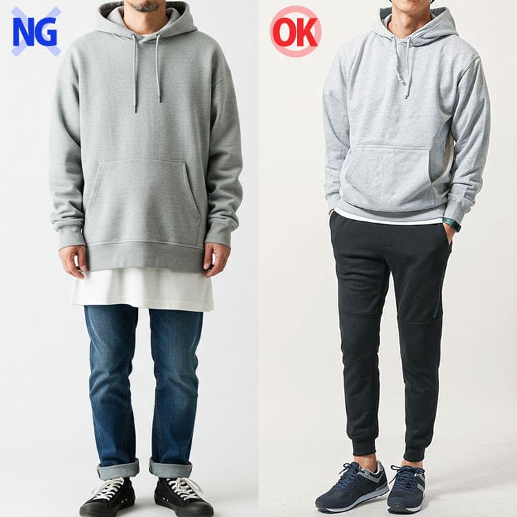 ダサく見えるフェイクレイヤードのNG例とOK例の比較