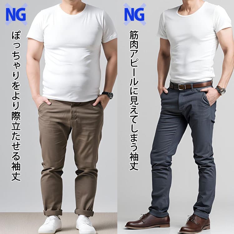 袖丈が短く、ぽっちゃりをより際立たせている画像と筋肉アピールに見えてしまう画像