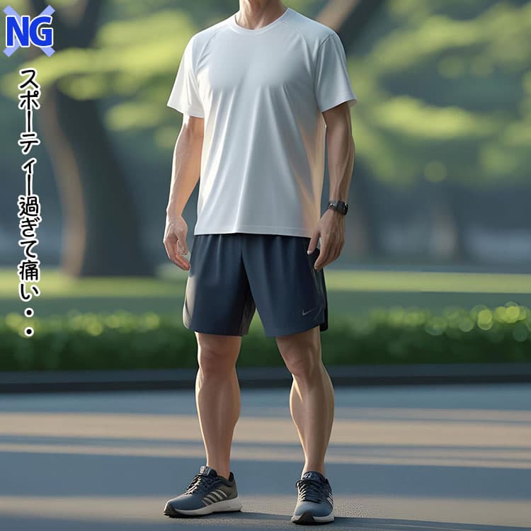 白Tシャツと黒ショートパンツにランニングスニーカーを合わせた痛いコーデ例
